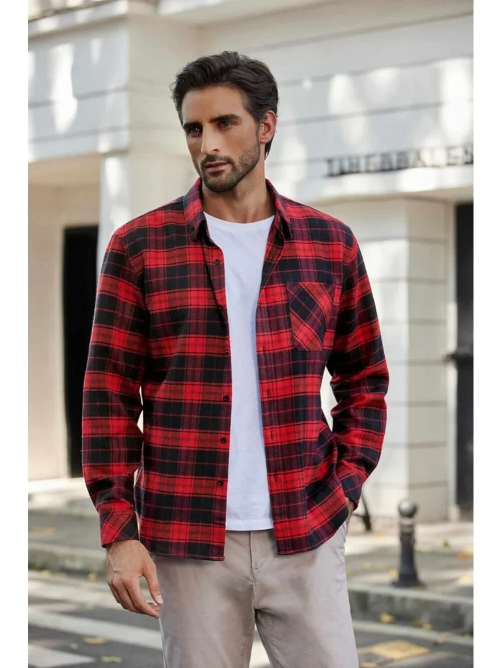 Men's Red Black Polyester Blend Long Sleeve Casual Flannel Button Down Shirt - Picture 3 of 5